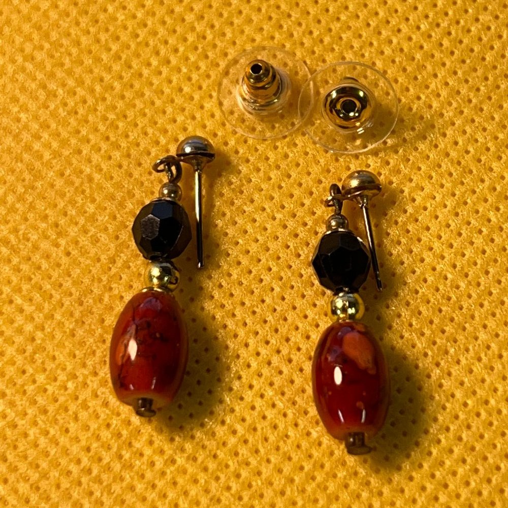 Orange, Black and Gold Tone Post Pierced Earrings